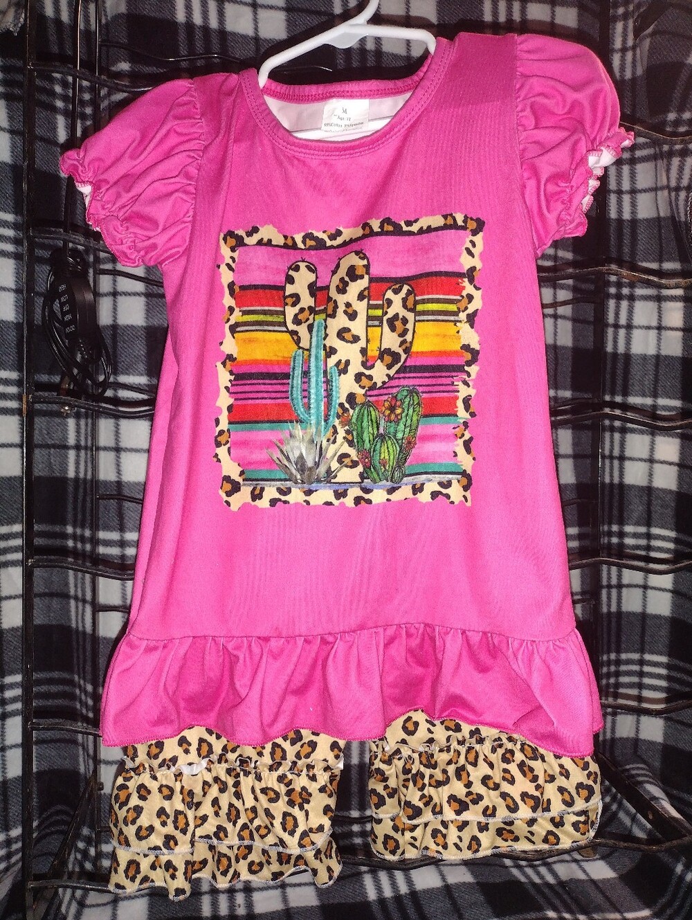 Hot Pink Girls' Cactus Graphic Ruffle Shirt with Leopard Ruffle Shorts